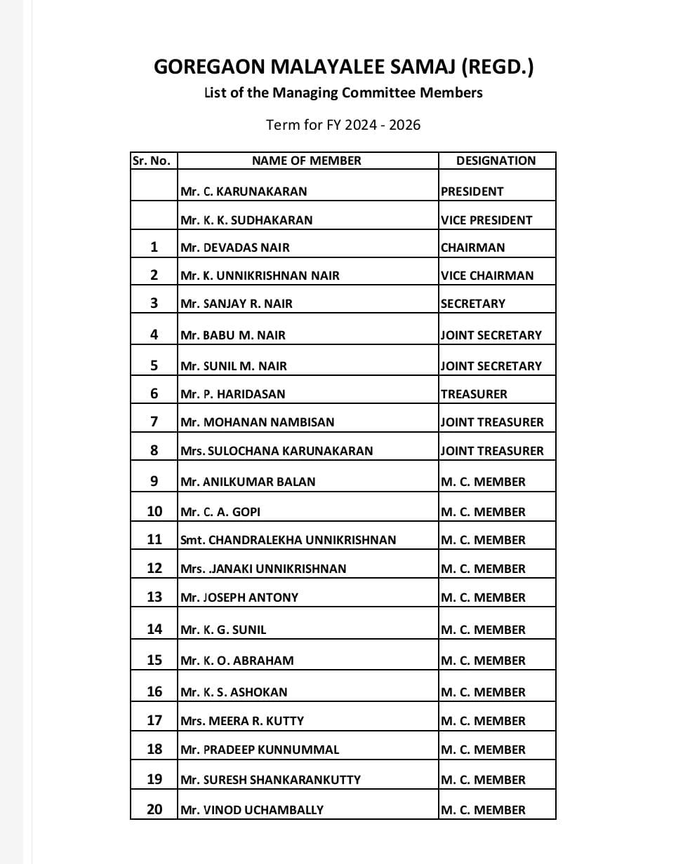 New Committee Members Elected for Goregaon Malayalee Samaj 2024 26